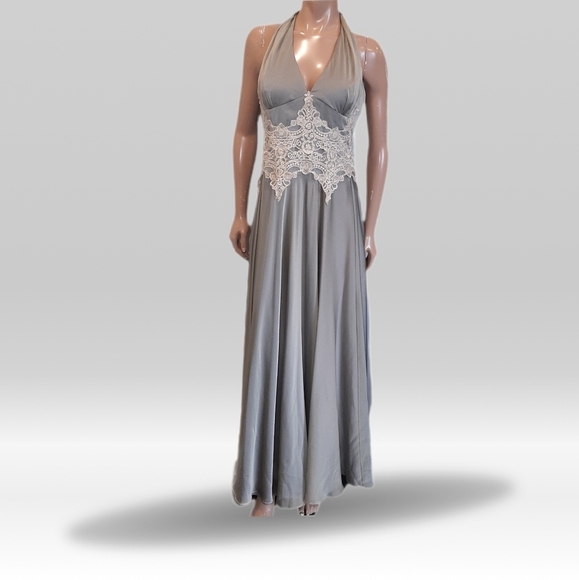 Joseph Ribkoff Dresses & Skirts - Vintage Joseph Ribkoff Halter Dress Sage Green Gold Crochet Maxi Sleeveless Gown